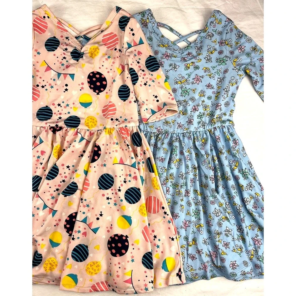 4pc Dot Smile Girls 3 4 Balloons Blue Floral Triangle Ballerina‎ Twirl Dress Lot